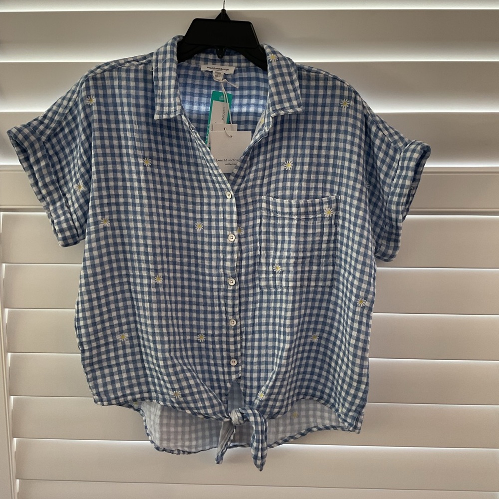 beachlunchlounge Blue Gingham Button Down Tie Front Shirt - Size M - Picture 4 of 7